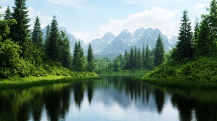 A hyper realistic image of a serene mountain lake