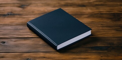 A simple black notebook lies on a wooden surface, inviting thoughts and creativity.