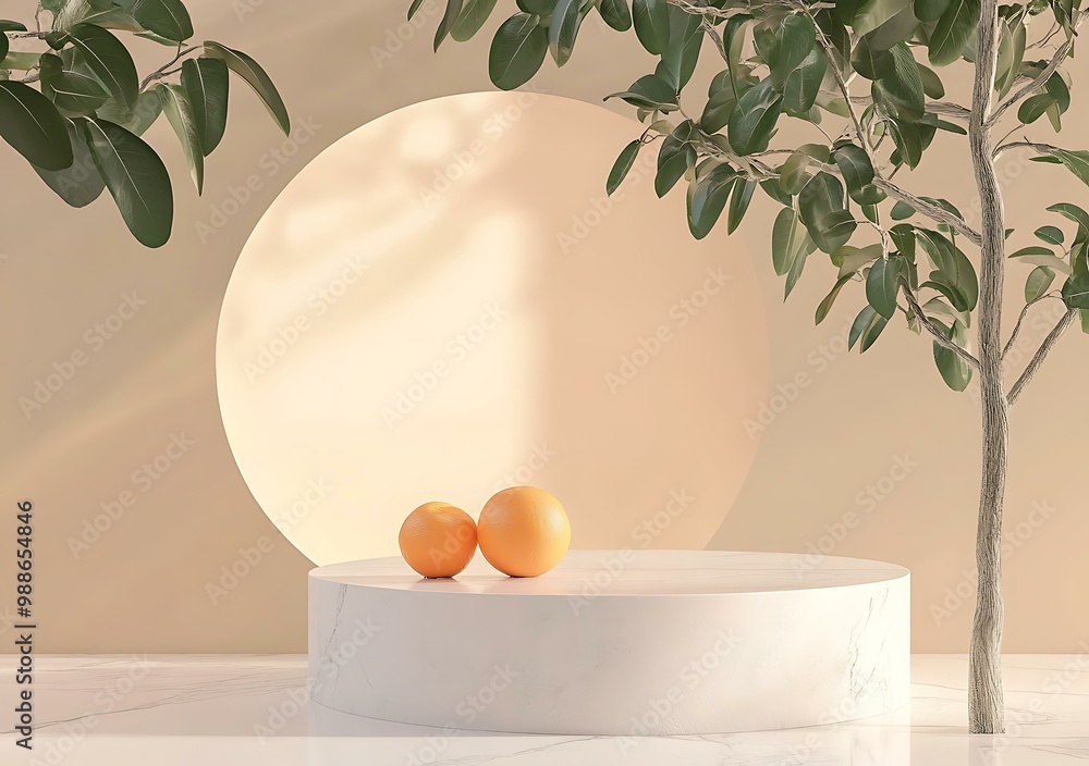 Sticker Minimalist Product Display with Orange Fruit and Leaves