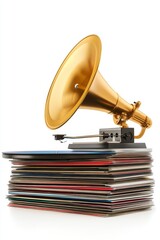 Vintage gramophone with a golden horn and vinyl records, beautifully presented against a white background.