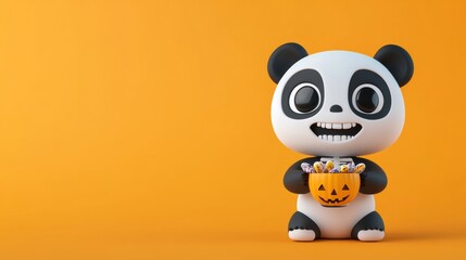 Adorable Panda Plushie Dressed in Halloween Costume Holding Candy Bucket