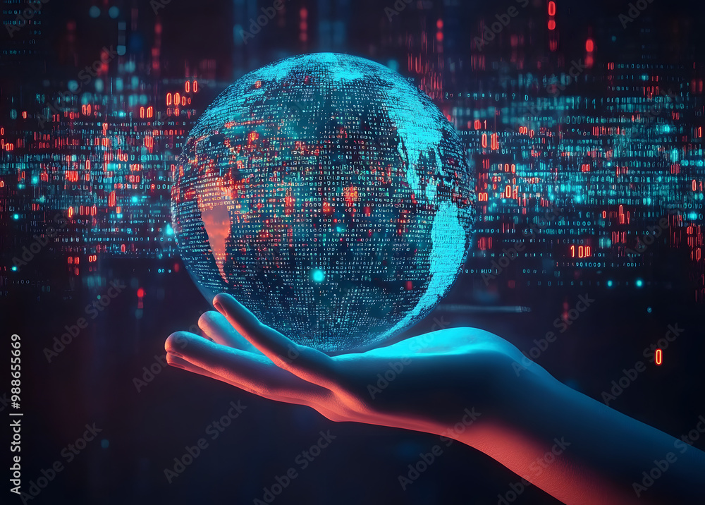 Poster a hand holds a digital earth sphere above a world map embellished with binary code, illustrating the