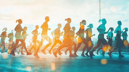 People participating in a charity walk/run with a World Health Day-themed background. Concept: Charity Event, Health Day, Group Activity