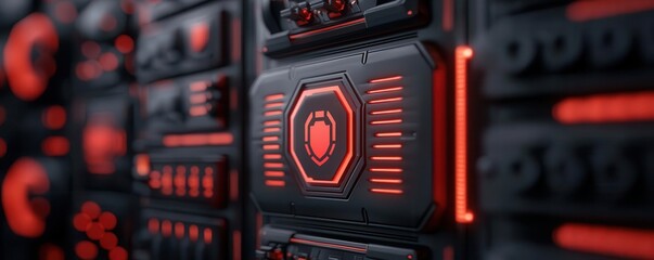 Data center protected by cybersecurity solutions, with glowing icons representing secure servers, firewalls, and threat detection systems