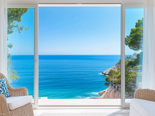 Sunny, tranquil modern luxury home showcase interior living room with patio and ocean view 