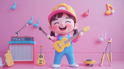 Fototapeta premium A cheerful cartoon character playing a guitar in a colorful music-themed setting.