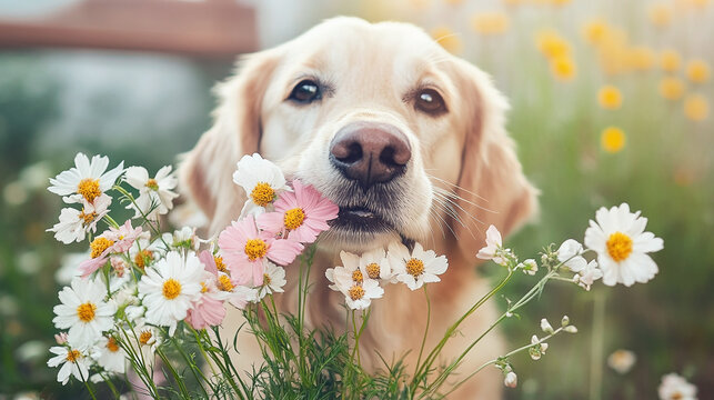 Canine Allergic to Flowers in Casual Attire Blames Technology. Concept: Pet health, allergies, fashion, technology, humor