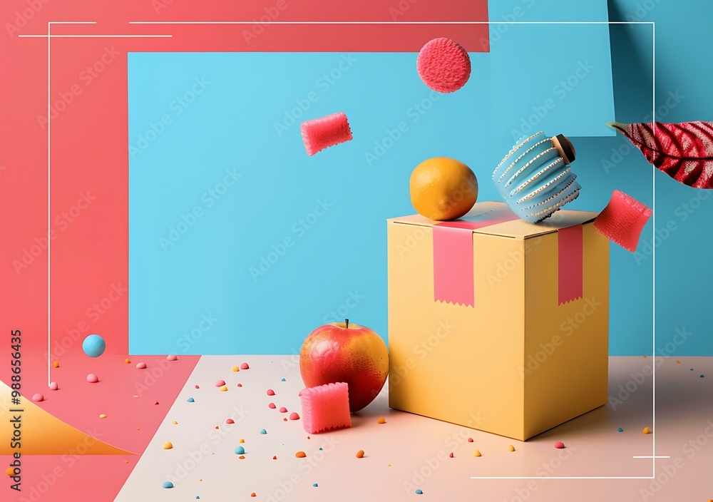 Poster abstract minimalist 3d design with fruit and objects