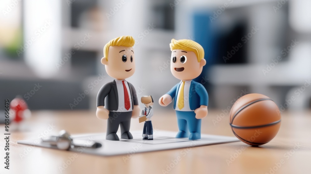 Wall mural two figurines discussing business strategy on office desk with basketball