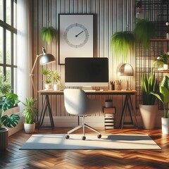 A brightly lit modern home office with a sleek desk, chair, computer setup, and various indoor plants emphasizing a productive and harmonious workspace.