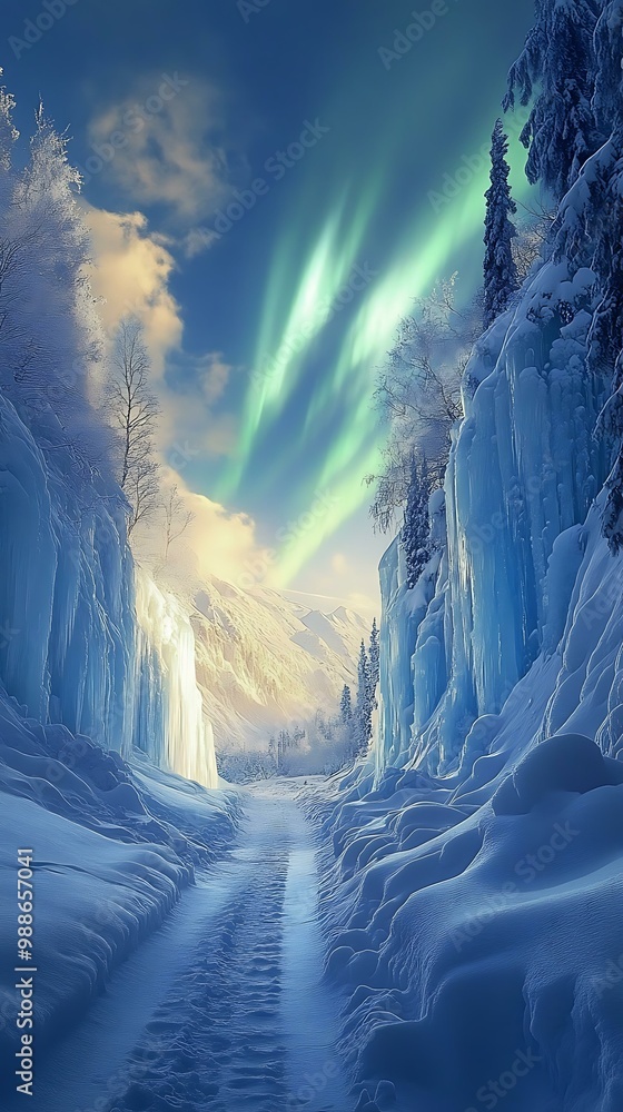 Poster snowy path with aurora borealis in the background