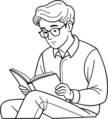 Young man reading book line art vector illustration on black and white. 