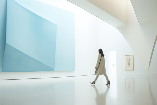 Defocused Woman Walking In Exhibition Art Hall walking adult woman.
