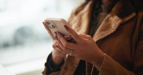 Hands, phone and social media with customer in coffee shop for app browsing, download or update. Communication, email or text message with person at internet cafe for connectivity or networking