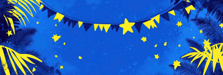 Happy Independence day of Nauru. Holiday blue background with yellow leaves, stars and festive flags. Horizontal banner. Free space for text. Copy space. Flat illustration.