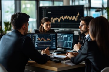 Business professionals engage in data analysis and strategy discussion in a modern office setting during a workday
