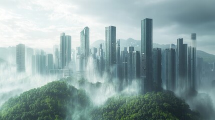 Misty Skyscrapers: Towering City in the Clouds