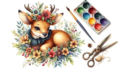 Obraz premium Charming Deer Illustration with Floral Accents
