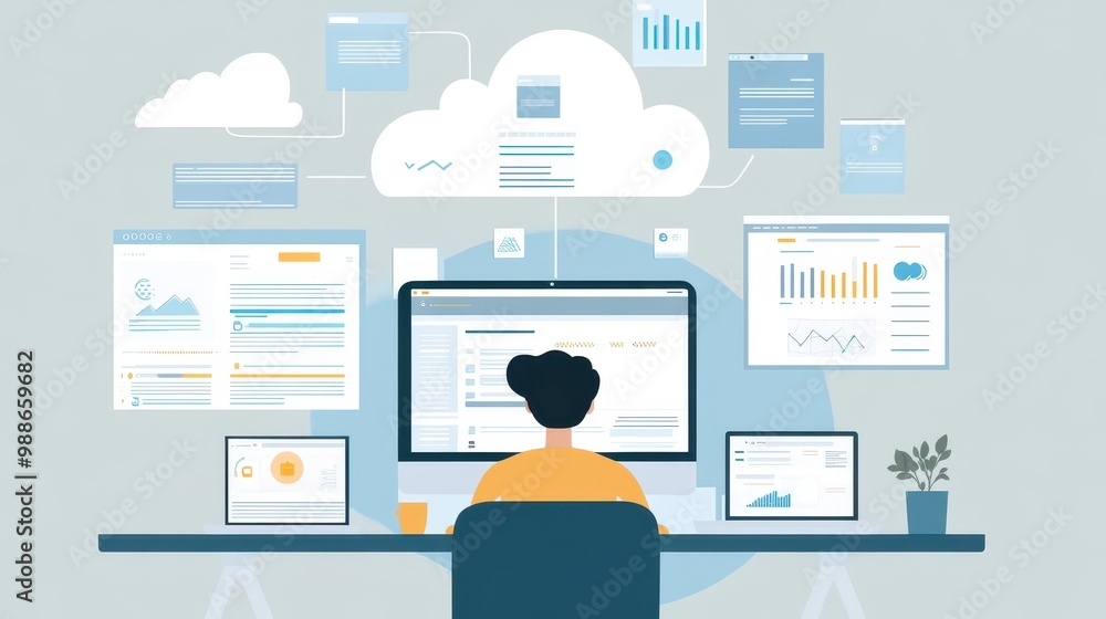 Poster data analyst workspace with cloud and analytics