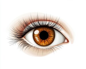 Detailed illustration of a brown eye with long lashes, white isolated background.