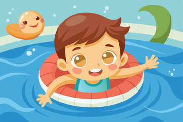 Naklejka premium A cheerful boy swims in the pool, enjoying a sunny day with a playful float, Cute little boy swimming in the pool.