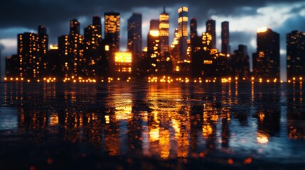 Fototapeta premium An 8k resolution image of a sprawling cityscape at twilight, with towering skyscrapers and shimmering lights reflecting in the wet pavement