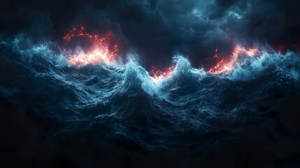 Fototapeta premium Neon lit sky glowing over dark ocean waves peaceful serene seascape picture