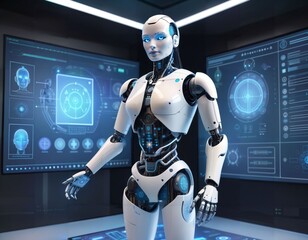 Futuristic Humanoid AI Robot with Holographic Interfaces