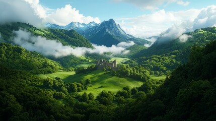 Obraz premium An atmospheric photorealistic illustration of a medieval castle hidden amidst towering mountains and misty clouds