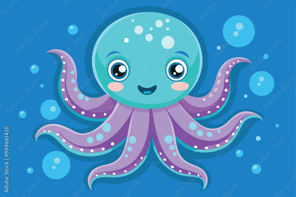 Sticker A cheerful octopus floats happily amidst a sea of blue bubbles, Cute octopus