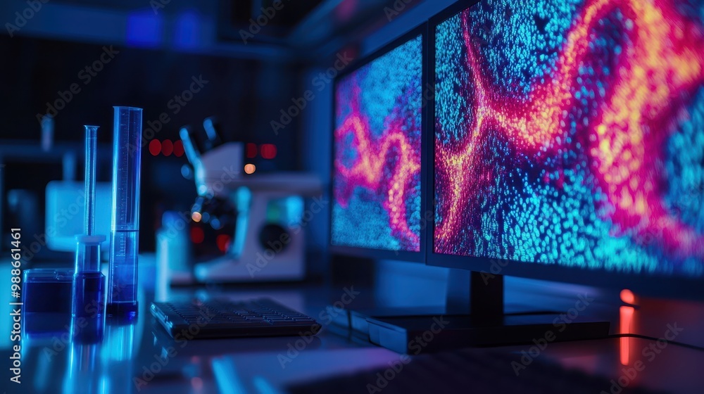 Poster vibrant digital display in a futuristic lab setting