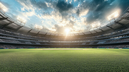 Panoramic Cricket Stadium: High-definition panoramic view of a cricket stadium under daylight and stadium lights, capturing the contrast between different atmospheres