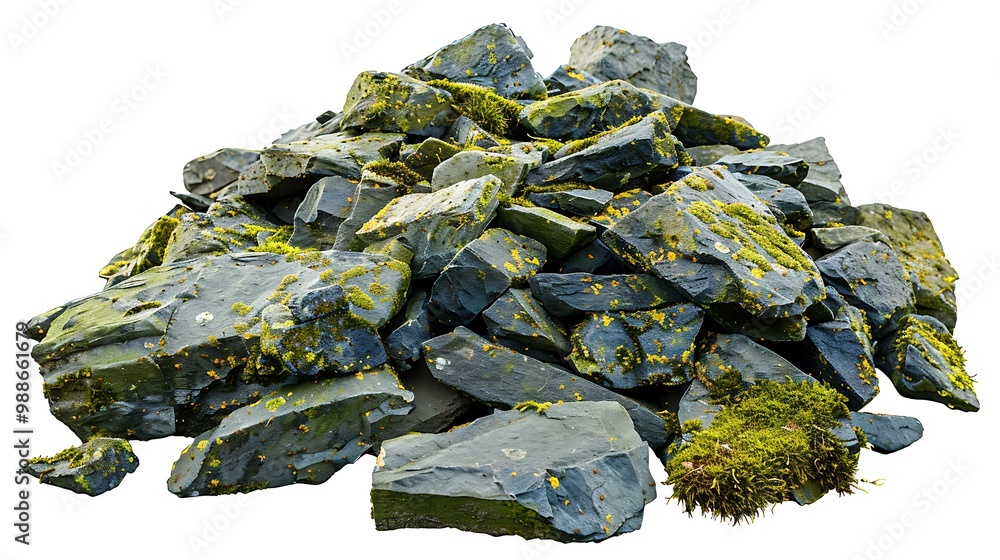 Sticker Pile of Moss Covered Rocks Isolated on White Background