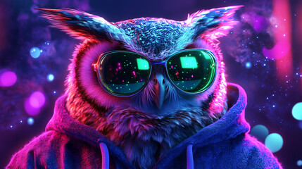 Owl in Cosmic Space Hoodie with Reflected Galaxy Sunglasses in Nebula Background
