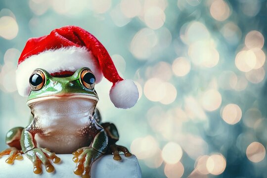 christmas image cute little green frog in red santa claus hat on bokeh background with copy space