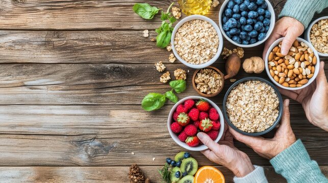 Elderly couple at a breakfast table filled with whole grains, fresh fruits, and healthy fats, balanced breakfast, nutrition for seniors