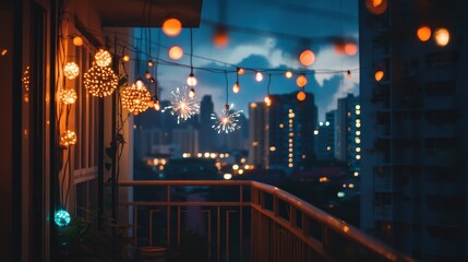 Obraz premium Cozy Balcony Escape with Twinkling Lights and City Skyline