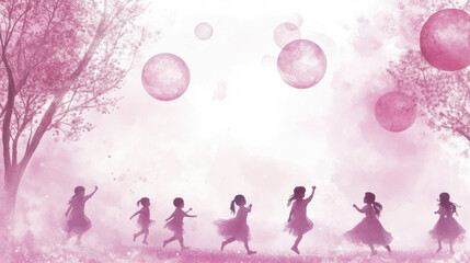 Watercolor painting of children running with balloons