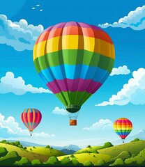 Naklejka premium Colorful Hot Air Balloons Flying Over Green Hills