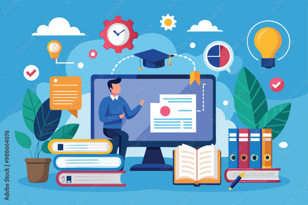Poster a person engages in an online lecture within a digital classroom environment filled with books and l