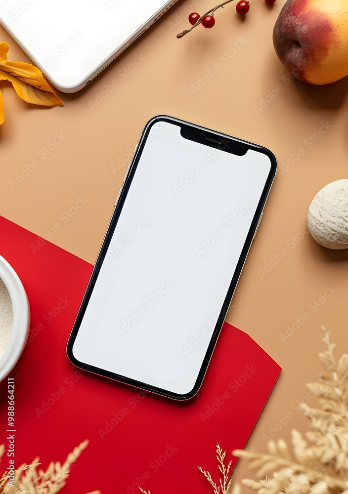 Poster top view of smartphone with blank screen on a brown and red background