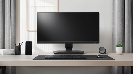 Modern Minimalist Desk Setup with Computer Monitor and Accessories
