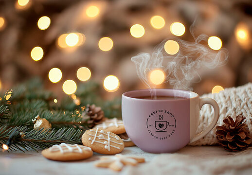 Mockup Coffee Mug Christmas Winter Tree Cookies Generative AI