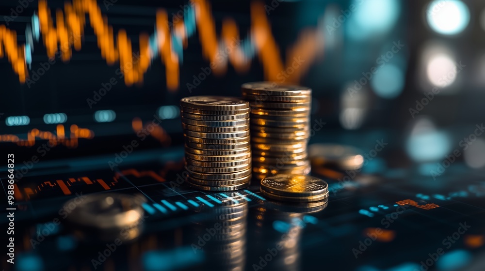 Poster stacks of coins on a digital financial chart showing trends and fluctuations in a tech-savvy trading