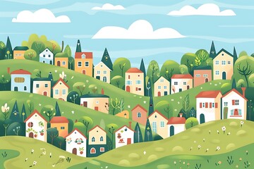 Naklejka premium Illustrated Landscape of Green Hills with Small Houses