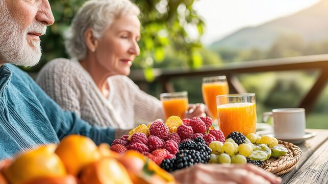 Elderly couple enjoying a colorful fruit platter on their porch, morning sunlight, healthy snacks, senior wellness