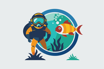 Fototapeta premium A diver in a wetsuit interacts with a lively fish in an aquarium setting, Diver vector logo design template. Aquarium icon vector illustration.