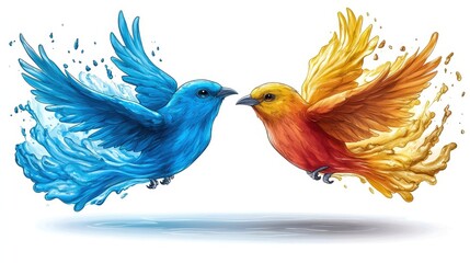 Two vibrant birds, one blue and one orange, in dynamic flight against a white isolate background.