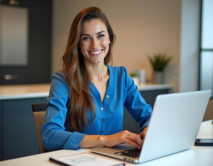 Naklejka premium Young Asian Smiling Business Women with Laptop Looking at Camera. Generative AI