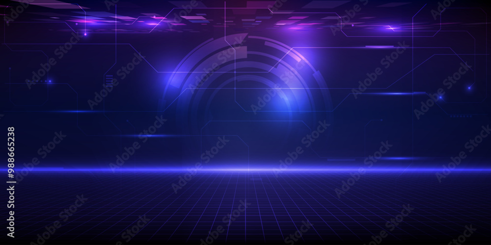 Poster vector illustrations of futuristic stage platform with digital element around.digital technology art